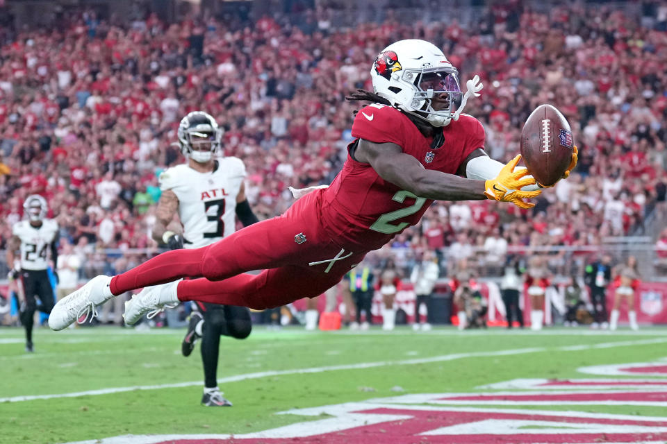 Nov 12, 2023; Glendale, Arizona, USA; Arizona Cardinals wide receiver Marquise Brown (2) is unable to catch a pass against the Atlanta Falcons during the first half at State Farm Stadium. Mandatory Credit: Joe Camporeale-USA TODAY Sports