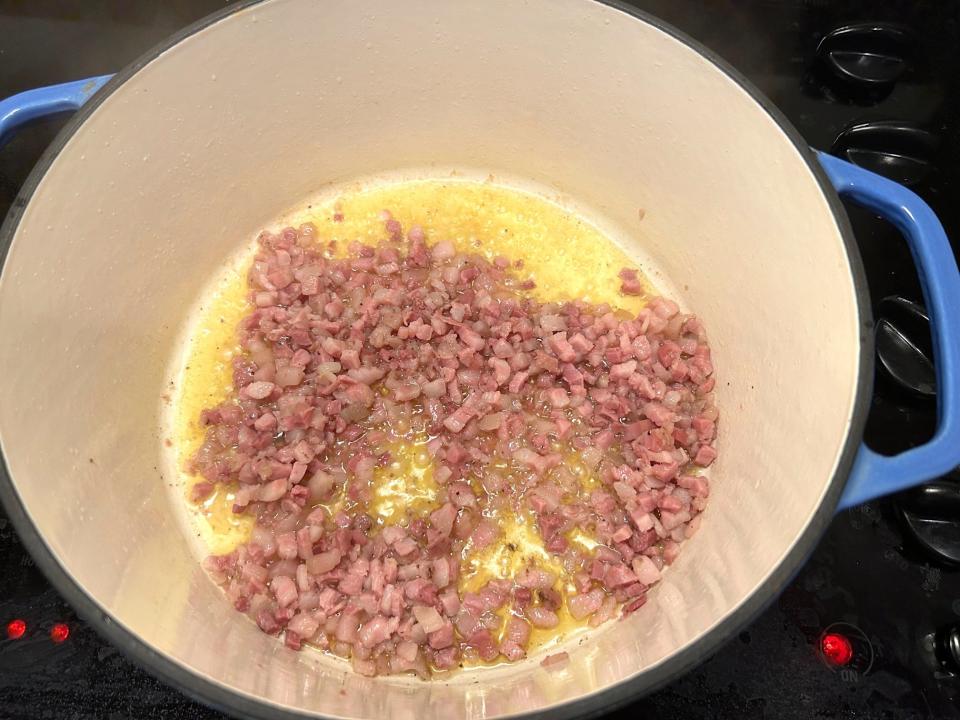 Adding the proscuitto for Ina Garten's weeknight pasta