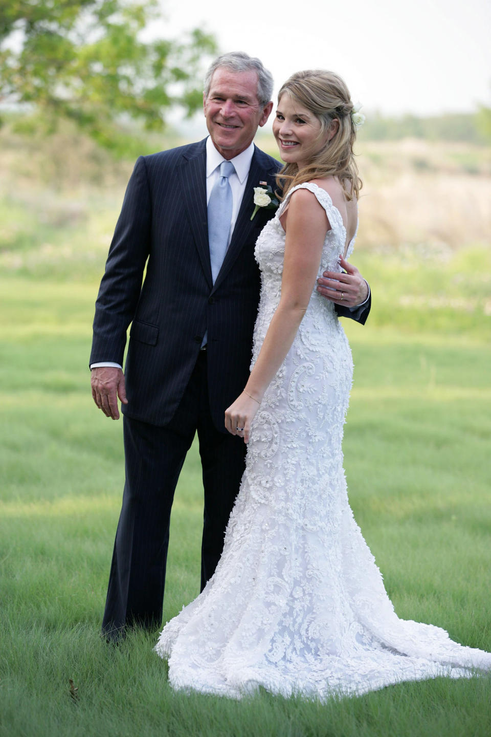 President George W. Bush and Jenna Bush pose for a photographer prior to her wedding to Henry Hager at Prairie Chapel Ranch May 10, 2008 near Crawford, Texas. Image: Henry Hager And Jenna Bush Wedding (Shealah Craighead / The White House via Getty Images)