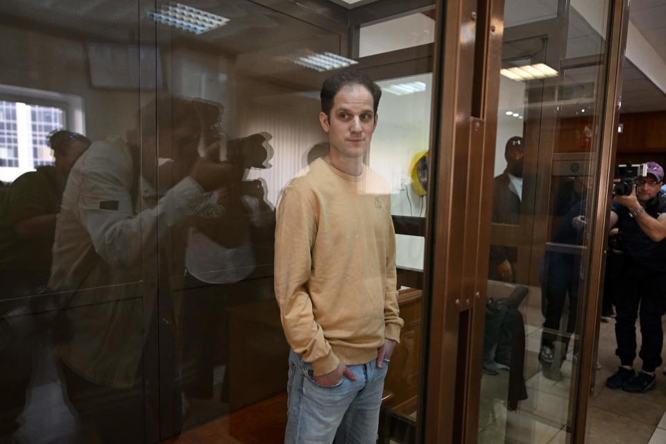 U.S. journalist Evan Gershkovich appears in Moscow City Court on Sept. 19 before a hearing on an appeal of his extended pretrial detention. 