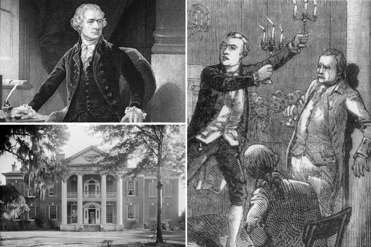 Top left: Alexander Hamilton circa 1790; Bottom left: the Auburn Mansion, designed by Levi Weeks and now a  National Historic Landmark; Right: Aaron Burr at the Weeks trial  (Getty, James Butters / Wikipedia, Library of Congress / Wikipedia)