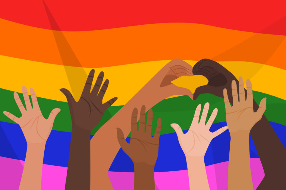 Diversity ethnicity of LGBTQ illustration concept shows the people shows up their hands on the rainbow flag for showing the diversity of people who are LGBTQ.