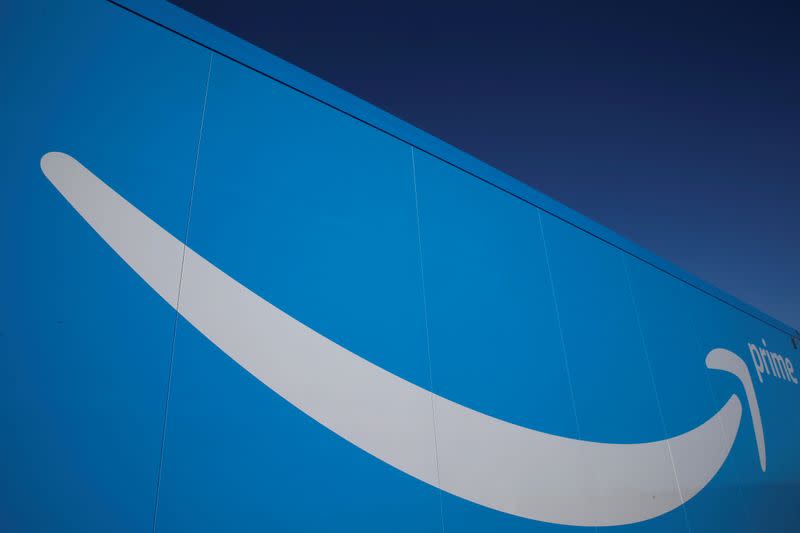 FILE PHOTO: The logo of Amazon Prime Delivery is seen on the trailer of a truck outside the company logistics centre in Boves