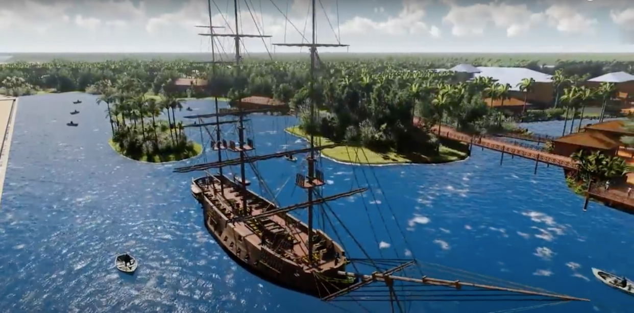 A lifesize replica of a slave ship graces Project Marina. <a href="https://www.youtube.com/watch?v=wozQKSPLJ8s" rel="nofollow noopener" target="_blank" data-ylk="slk:Screenshot/YouTube/Presidency of Benin;elm:context_link;itc:0;sec:content-canvas" class="link ">Screenshot/YouTube/Presidency of Benin</a>