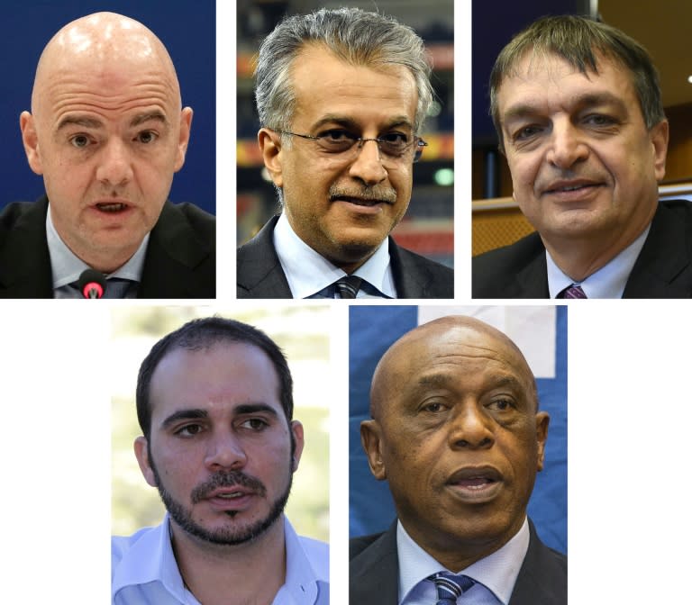 The five FIFA presidential candidates: (clockwis from top L) Swiss-Italian national Gianni Infantino, Sheikh Salman bin Ebrahim al Khalifa of Bahrain, France's Jerome Champagne, South Africa's Tokyo Sexwale and Prince Ali bin al Hussein of Jordan