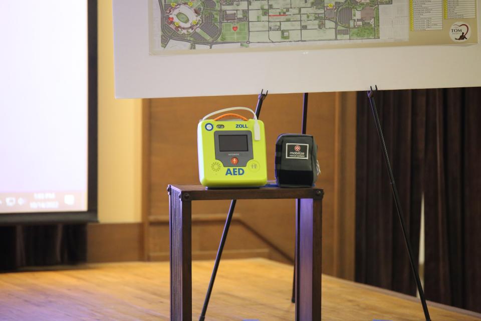 A defibrillator is put on display at Florida State University during the inaugural event of the TOM Project on Oct. 14, 2022.