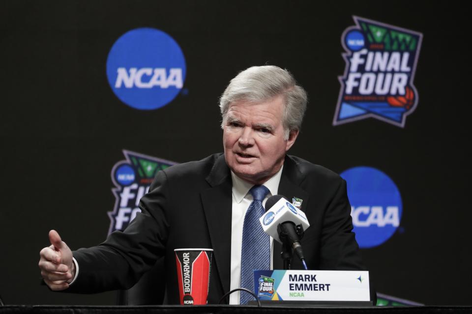 NCAA President Mark Emmert answers questions at a news conference at the Final Four on April 4 in Minneapolis. (AP Photo/Matt York)