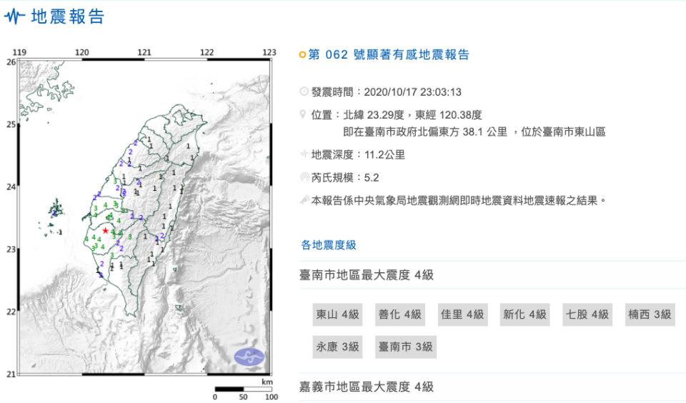 根據中央氣象局最新資訊，17日晚間 11時3分發生芮氏規模5.2地震，地震深度11.2公里。   圖：取自中央氣象局