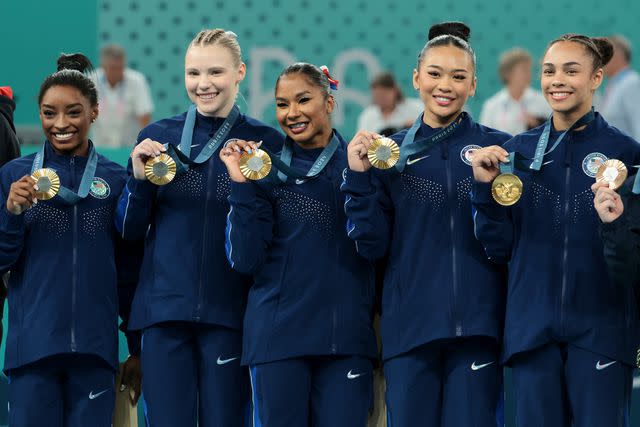 <p>Jean Catuffe/Getty</p> Team USA gymnastics at Paris Olympics