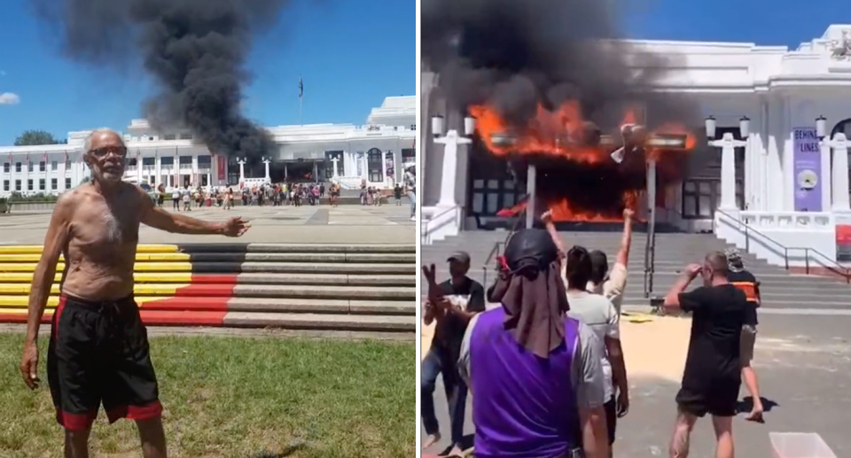 Old Parliament House was evacuated as a precaution after caught alight. Source: Facebook/Twitter