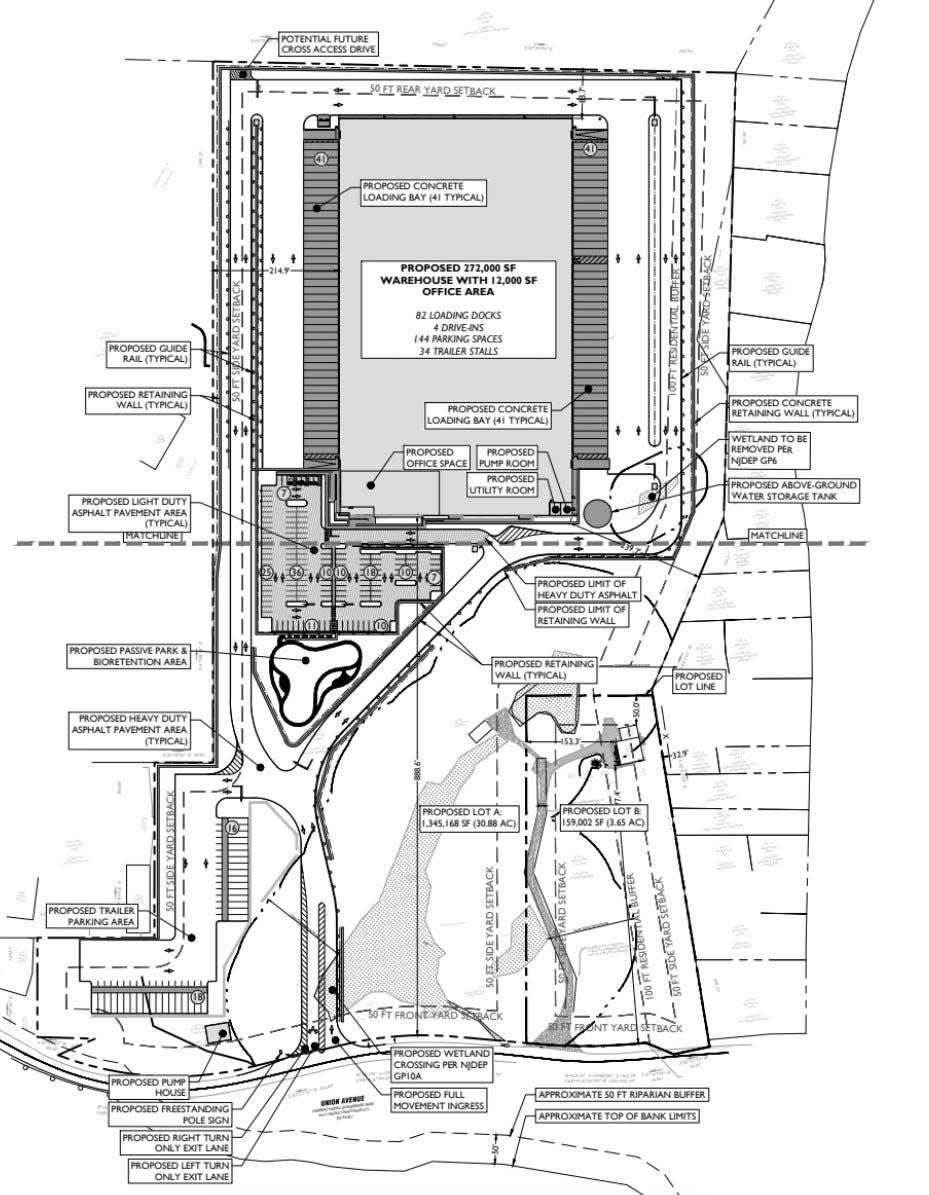 Plans submitted to Passaic County show a proposed 272,000-square-foot warehouse sandwiched between Greenwood Avenue and the county's community college campus in Wanaque.