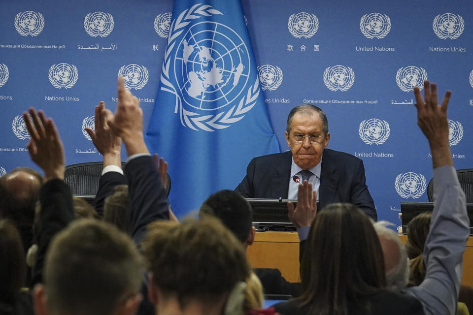 Russia's Foreign Minister Sergey Lavrov watch as reporters raise hands to ask questions during a press conference at the United Nations, Tuesday April 25, 2023 at U.N. headquarters. (AP Photo/Bebeto Matthews)