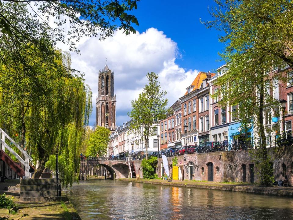 The old center of Utrecht, the Netherlands, with the 'Domtoren' church tower in the distance.