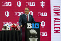 Indiana head coach Tom Allen talks to reporters during an NCAA college football news conference at the Big Ten Conference media days, at Lucas Oil Stadium in Indianapolis, Friday, July 23, 2021. (AP Photo/Michael Conroy)