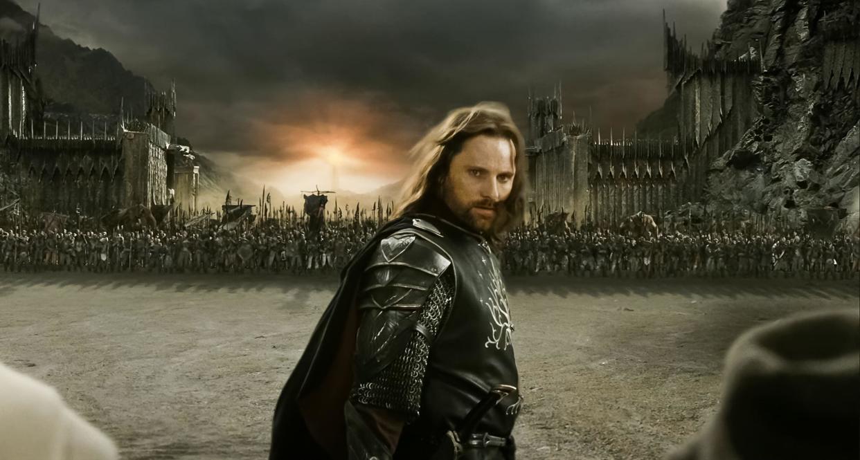 USA.Viggo Mortensen  in a scene  from (C)New Line Cinema film: The Lord of the Rings: The Return of the King (2003) .  PLOT:  Gandalf and Aragorn lead the World of Men against Sauron's army to draw his gaze from Frodo and Sam as they approach Mount Doom with the One Ring. Director: Peter Jackson  Ref: LMK110-J7188-170621  Supplied by LMKMEDIA. Editorial Only. Landmark Media is not the copyright owner of these Film or TV stills but provides a service only for recognised Media outlets. pictures@lmkmedia.com