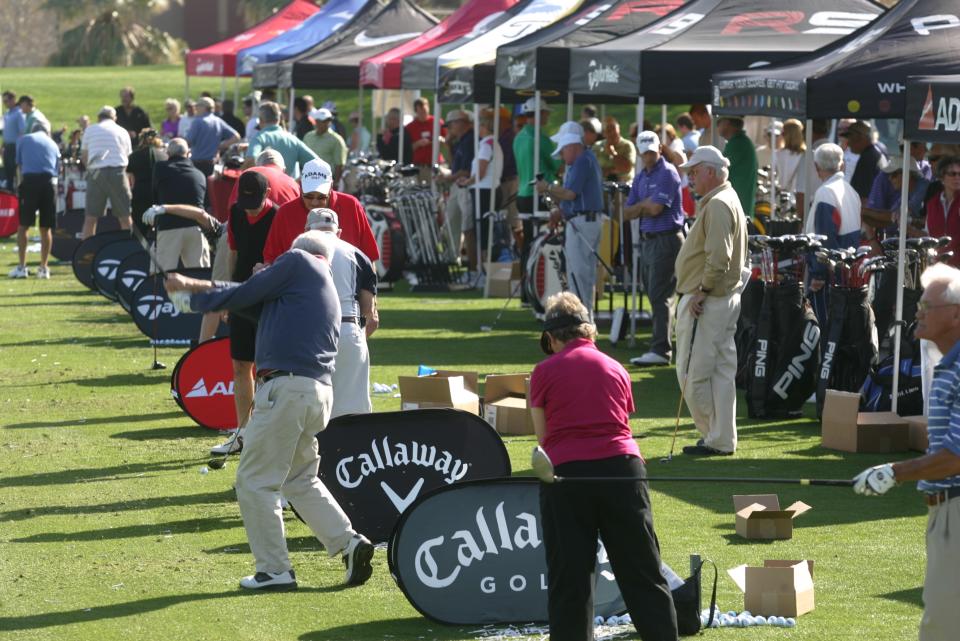 Golfer hit new golf clubs during last year's Pete Carlson's Golf & Tennis  Golf Expo at College of the Desert's Golf Center driving range.