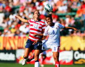 Alex Morgan #13 of the United States Womens National Team attacks against Daniela Cruz #8 of Costa Rica during their friendly match at Sahlen's Stadium on September 1, 2012 in Rochester, New York. The US won 8-0. (Photo by Rick Stewart/Getty Images)