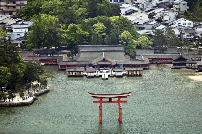 This aerial view shows Itsukushima shrine, which the G-7 leaders are expected to visit, in Hatsukaichi city, Hiroshima, western Japan, ahead of the G-7 summit Thursday, May 18, 2023. (Japan Pool/Kyodo News via AP)