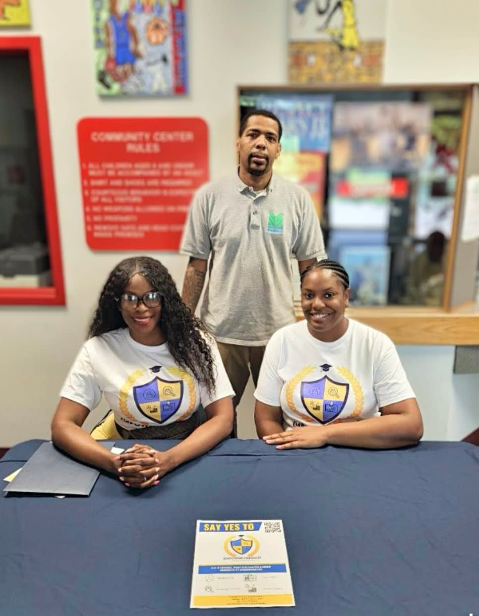 Empower Memphis founder Muna Olaniyi (left), with Latetrica Wilson of Tennesseans for Student Success (right), and an employee of Glenview Community Center (center).