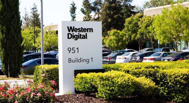 A photo of a Western Digital Corp (WDC) sign outside a building and parking lot.