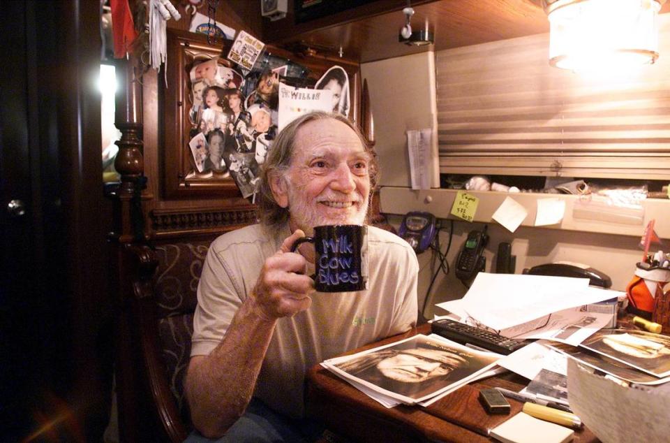 March 16, 2001: Country music legend Willie Nelson sips a cup of coffee in his tour bus after playing a show at Billy Bob’s in Fort Worth.