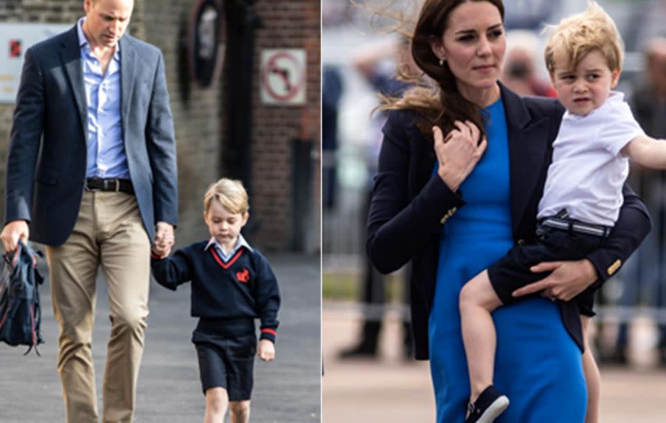 Unfortunately the Duchess of Cambridge missed her son's first day of school. He was accompanied by his father Prince William. Source: Getty