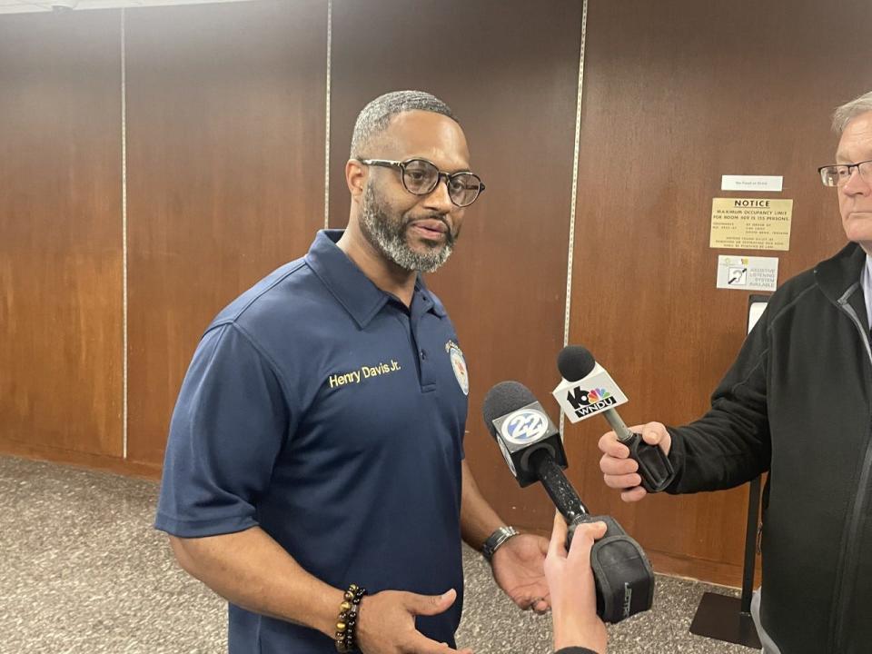 Henry Davis Jr., the 2nd District representative on the South Bend Common Council, speaks to reporters in February.