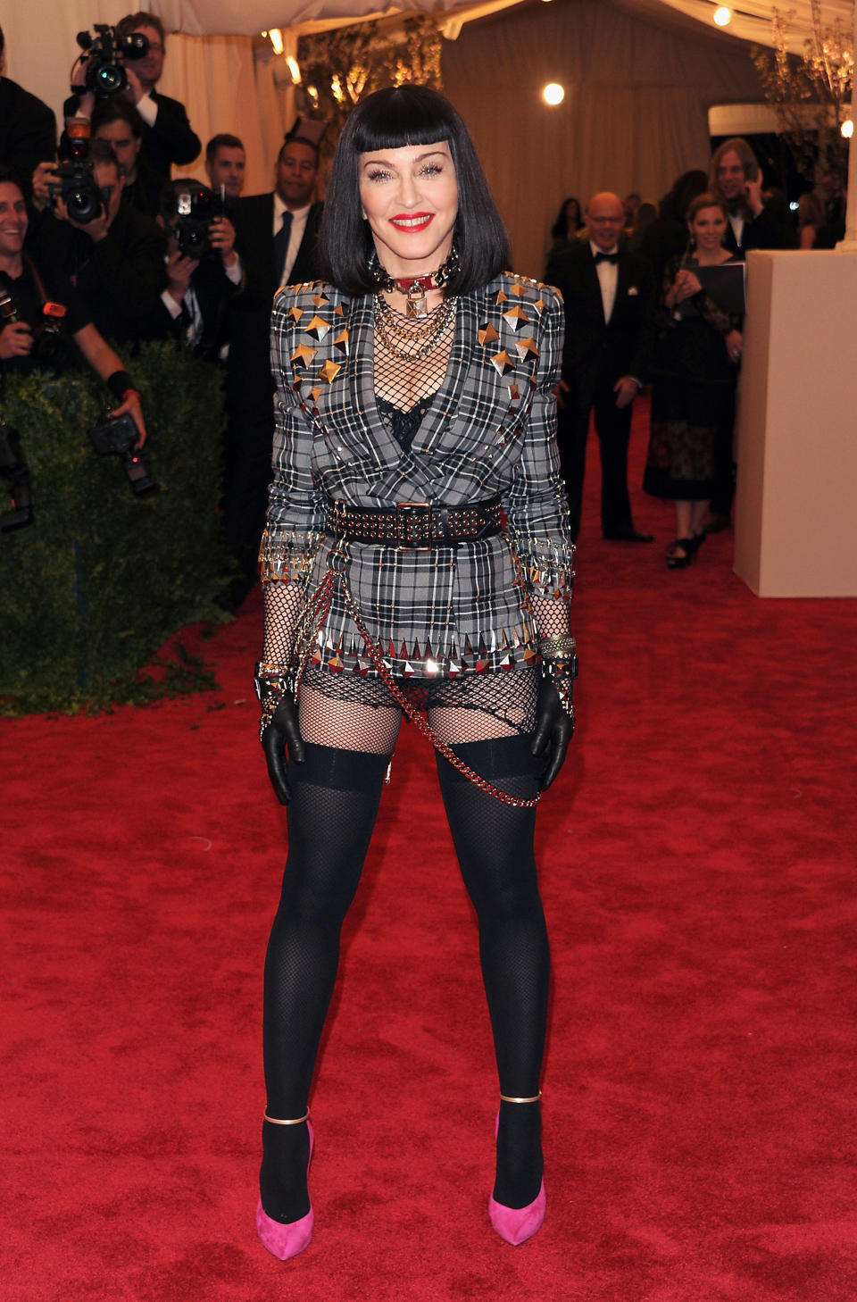 FILE - This May 6, 2013 file photo shows Madonna at The Metropolitan Museum of Art Costume Institute gala benefit, "Punk: Chaos to Couture" in New York. The Metropolitan Museum of Art hosted a new Costume Institute exhibit, "Punk: Chaos to Culture," celebrating a movement that embraced anarchy in the 1970s. (Photo by Evan Agostini/Invision/AP, File)