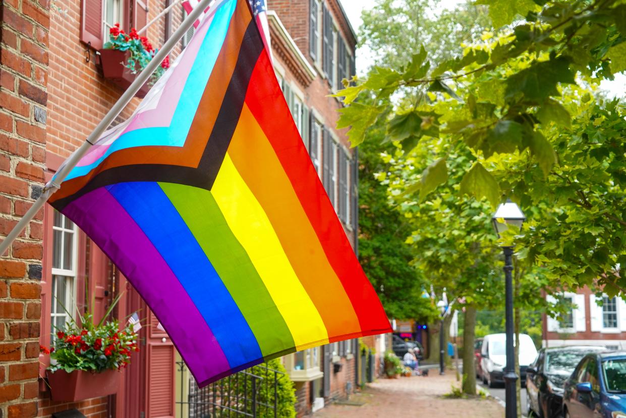 A vibrant pride flag gracefully dances in the wind along Delaware Street, symbolizing inclusivity, love, and the celebration of diversity, as New Castle embraces and supports the LGBTQ+ community.
(New Castle, June 20th, 2023)