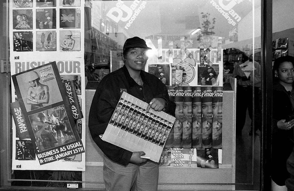 Rapper Nikki D (Nichelle Strong) poses for photos outside Taurus Records in Chicago, Illinois in May 1991.
