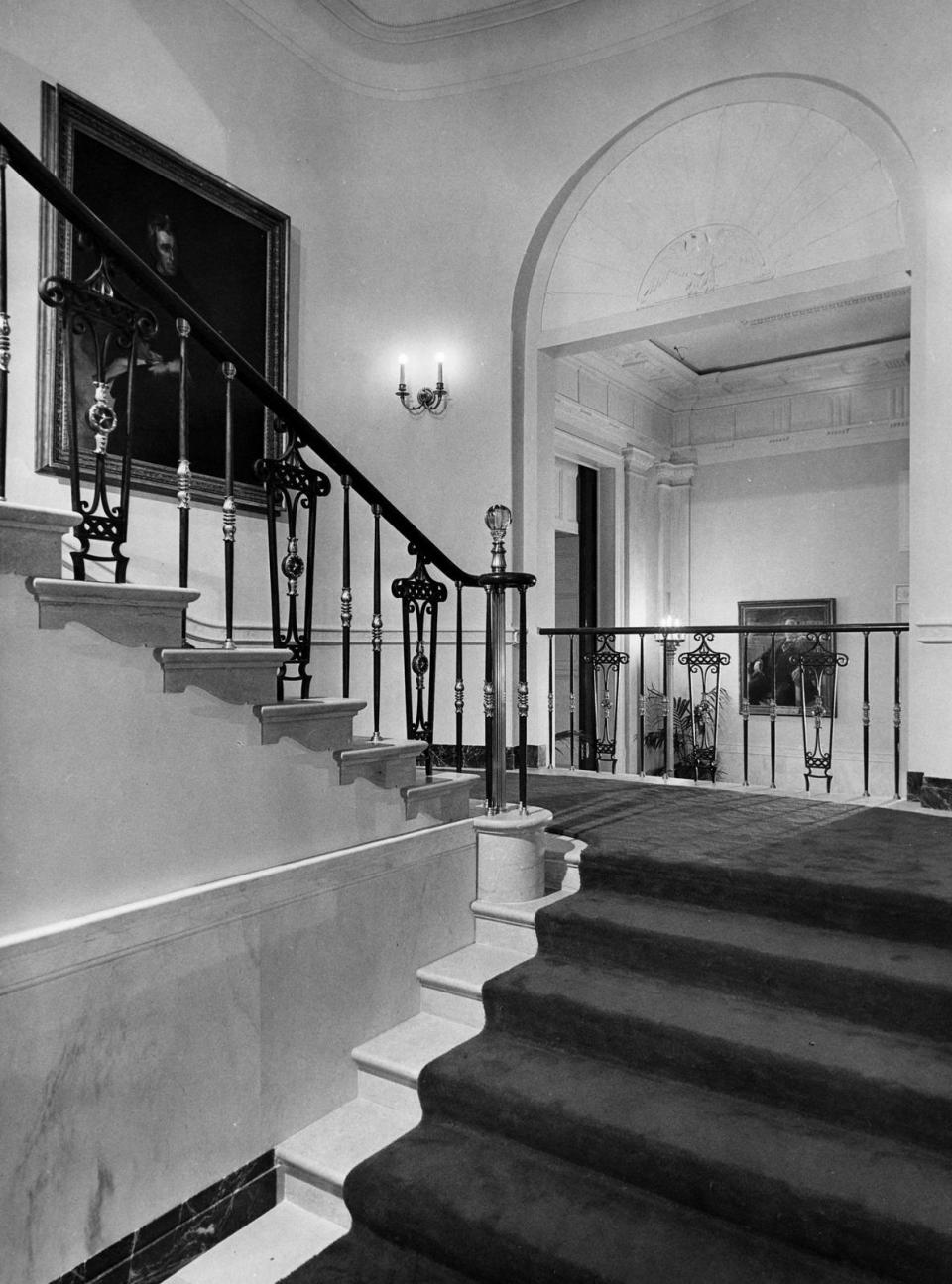 Photos of a White House gut renovation grand staircase april 1952