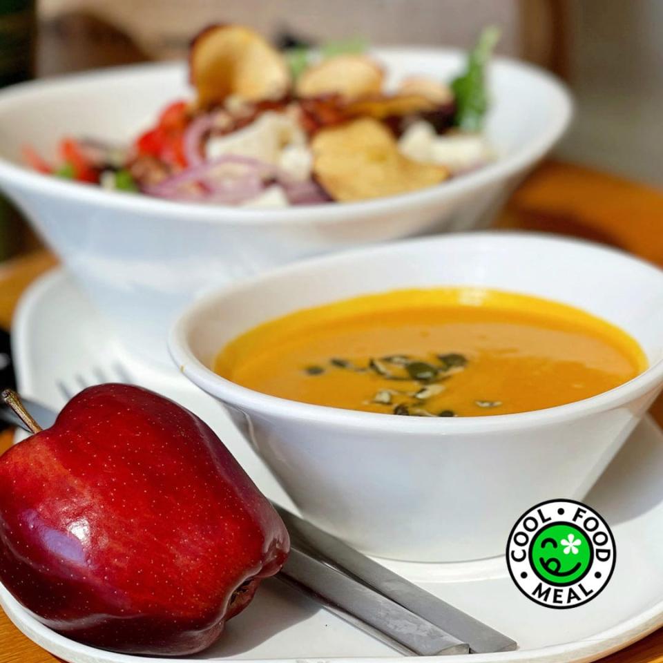 Panera Bread's vegetarian autumn squash soup is creamy and hearty, topped with toasted pumpkin seeds.