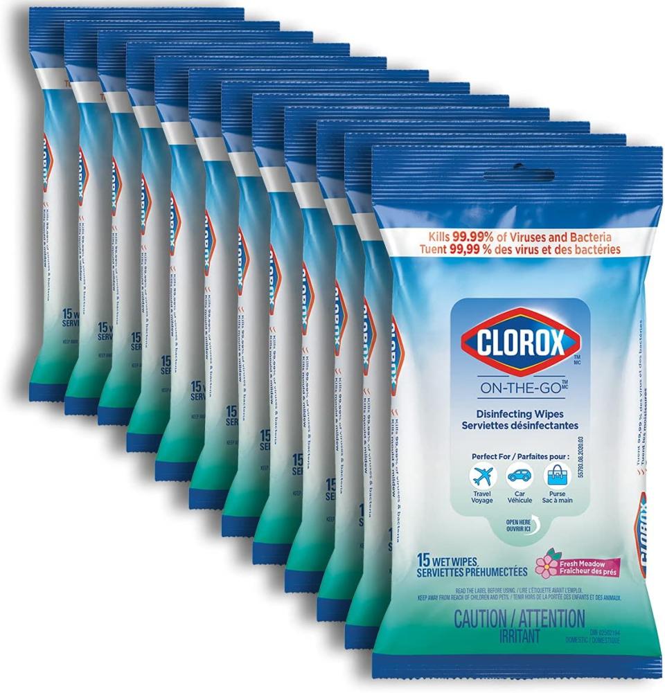 On-The-Go Disinfecting Wipes 12 Count help sanitize planes and hotel rooms. 