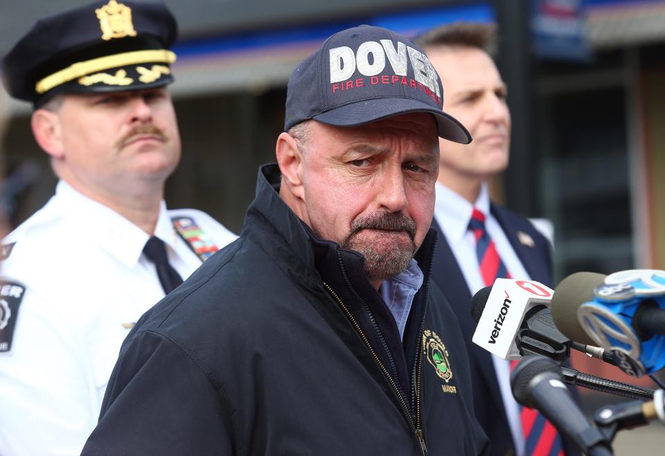 James Dodd, Mayor of Dover speaks to the media the morning after a devastating fire on North Warren Street in Dover that collapsed multiple businesses in a fast-moving, seven-alarm blaze that officials say started in the basement of Barry's restaurant. The fire then spread throughout the building and to others nearby that contained businesses and apartments Displacing about 100 people from their homes. October 23, 2018, Dover, NJ