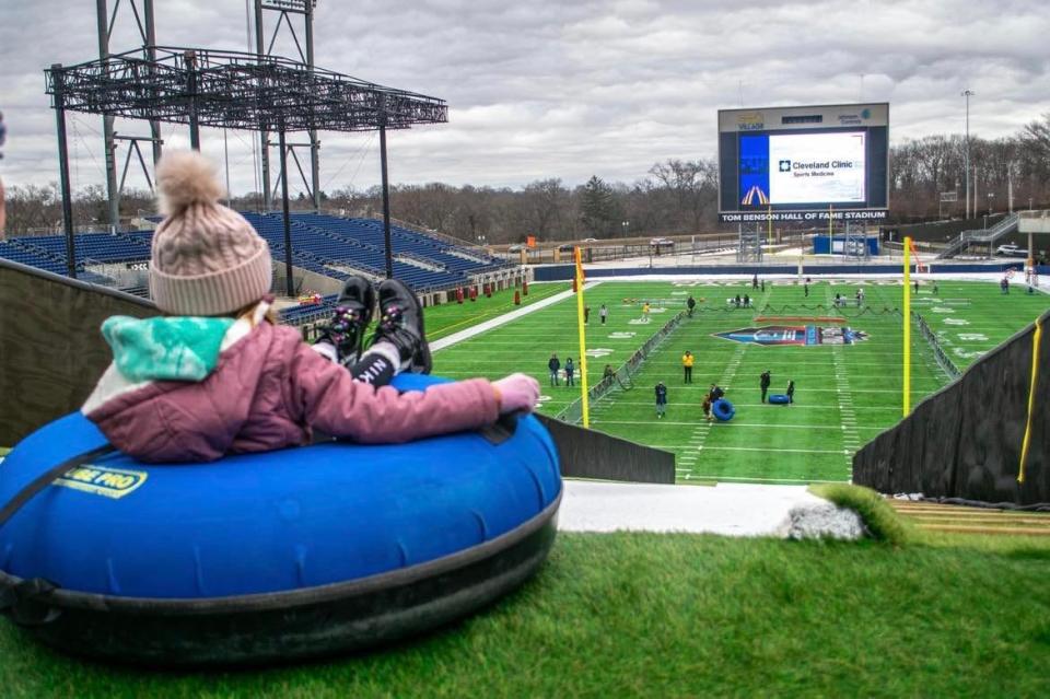 Winter Blitz at the Hall of Fame Village includes a tube slide inside Tom Benson Hall of Fame Stadium.