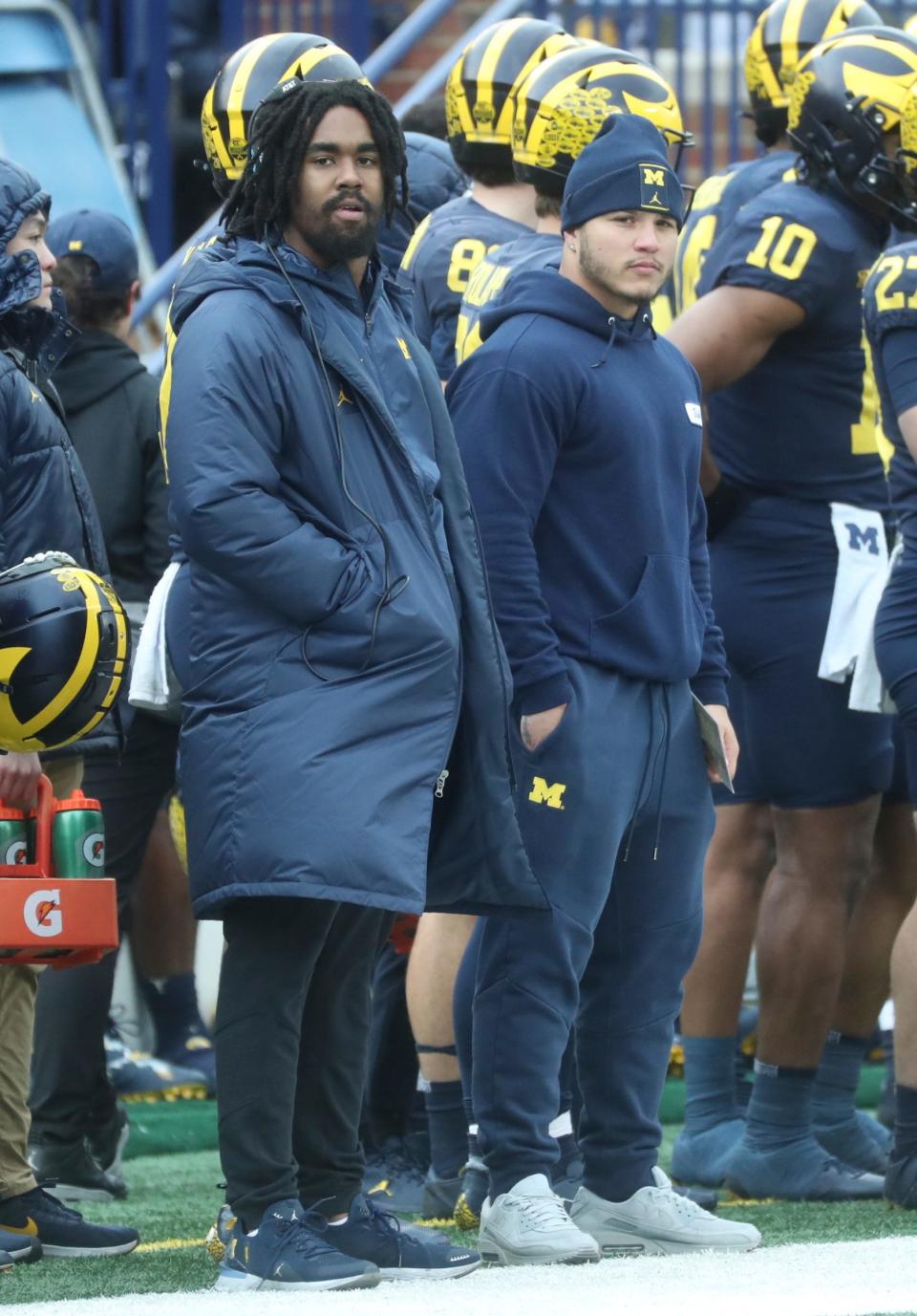 Michigan Wolverines running backs Donovan Edwards, left, and Blake Corum, right, watch the spring game Saturday, April 1, 2023 at Michigan Stadium.