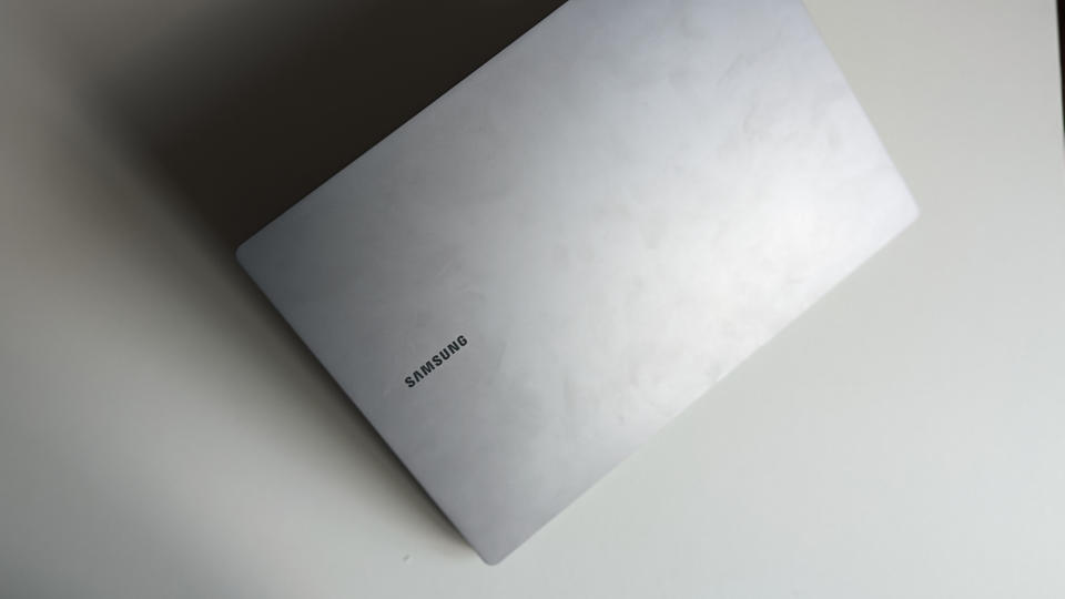 Close up detail shot of a Samsung Galaxy Book3 Ultra on a white desk