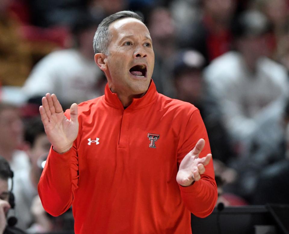 Texas Tech head coach Grant McCasland cheers on his team against during a Dec. 12 game against Oral Roberts at United Supermarkets Arena in Lubbock, Texas.