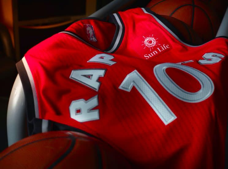 A glimpse at how the Sun Life Financial advertising patch will look on the Raptors' red jerseys. (Image via @rwesthead)