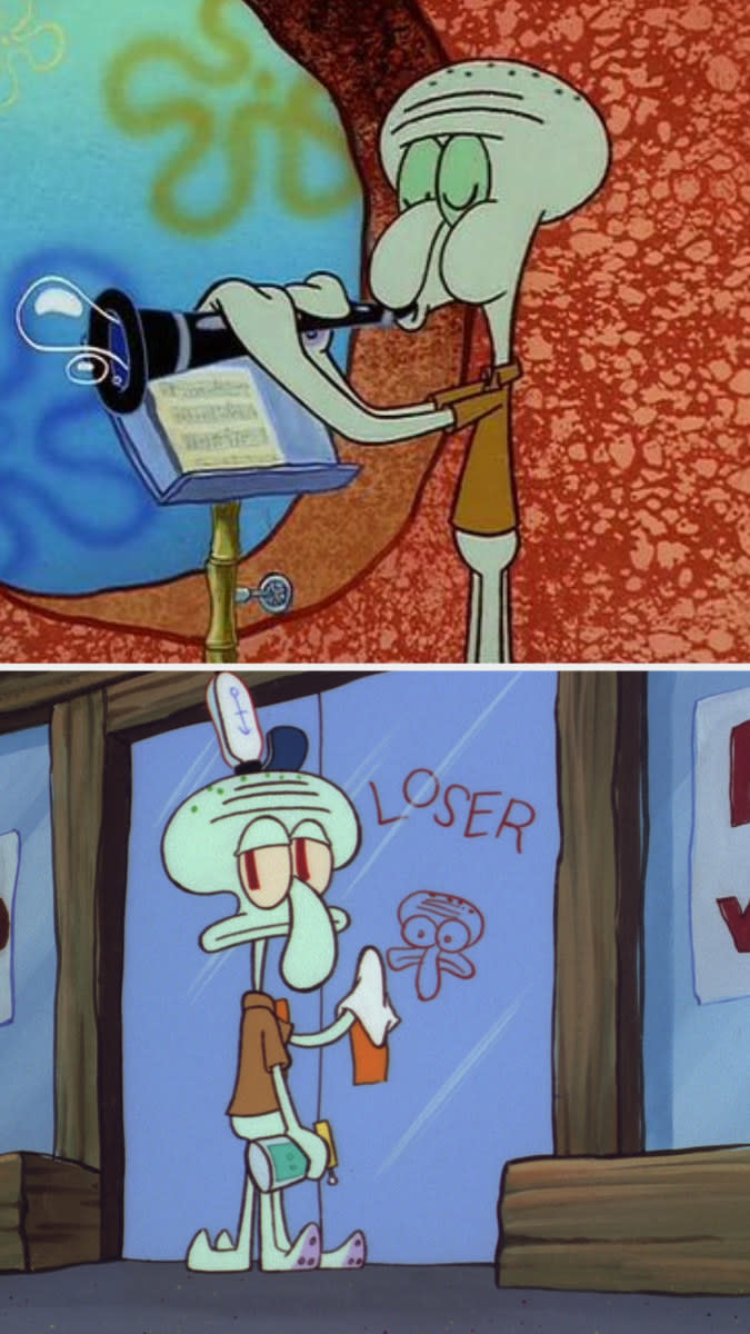 Squidward playing the clarinet; Squidward cleaning a "loser" sign on the Krusty Krab