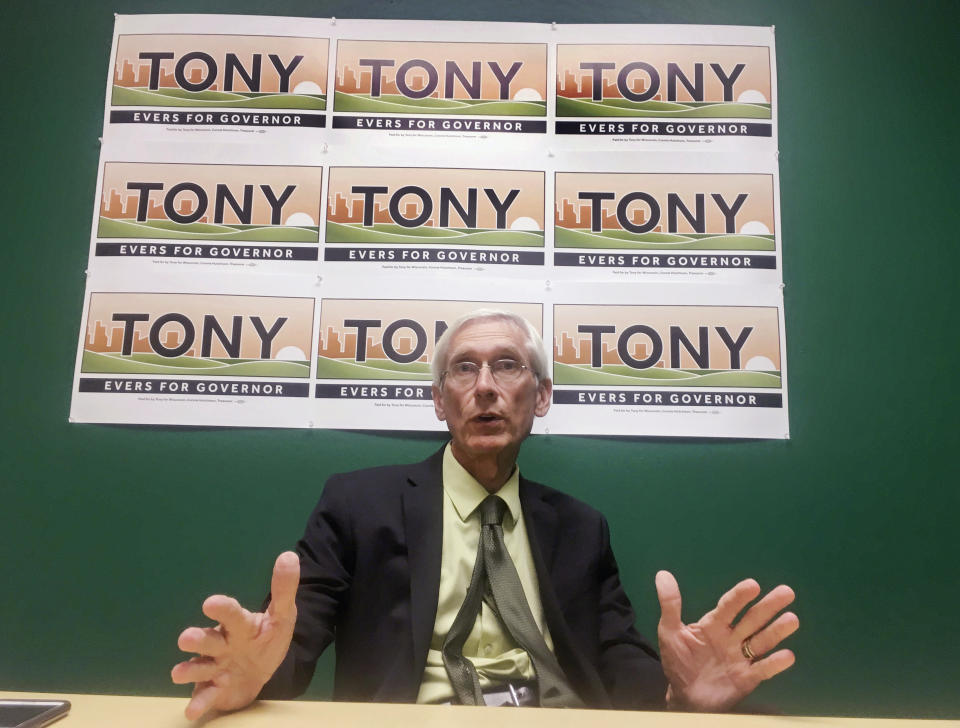 FILE - In this Tuesday, Aug. 22, 2017, file photo, Wisconsin state Superintendent Tony Evers speaks in Madison about his lifetime of experience in education, and his three statewide wins as leader of Wisconsin schools, as he prepares to challenge Republican Gov. Scott Walker. Evers, who has skirmished with Walker on a number of issues over the years, enters the Tuesday, Aug. 14, 2018, primary as the best-known of the eight Democrats who hope to challenge Walker in the November election. (AP Photo/Scott Bauer, File)