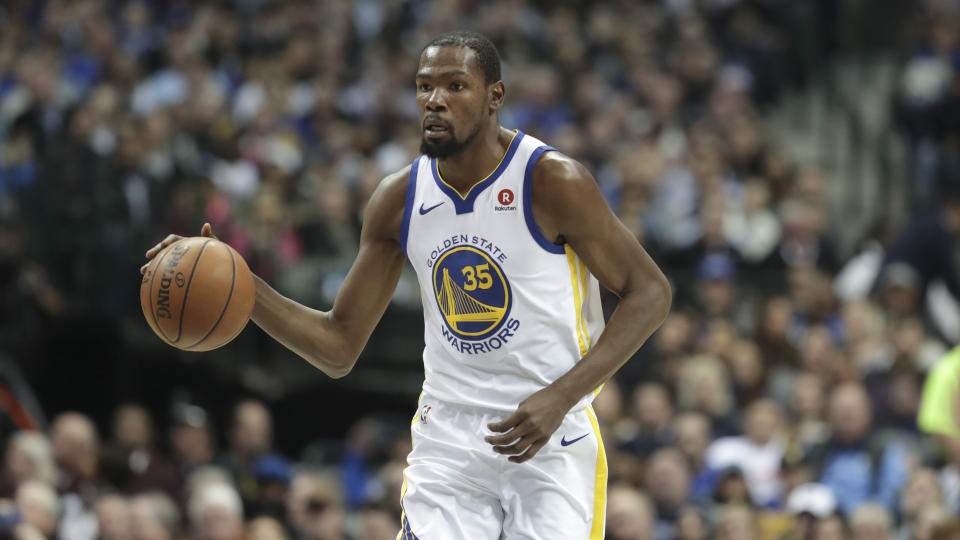 Golden State Warriors forward Kevin Durant has his sights set beyond 20,000 points and on buying an NBA franchise one day. (AP Photo/LM Otero)