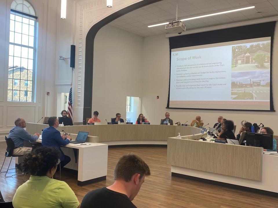 Audience and council members of the West Lafayette City Council observe the Facilities Master Plan presentation. April 3, 2023