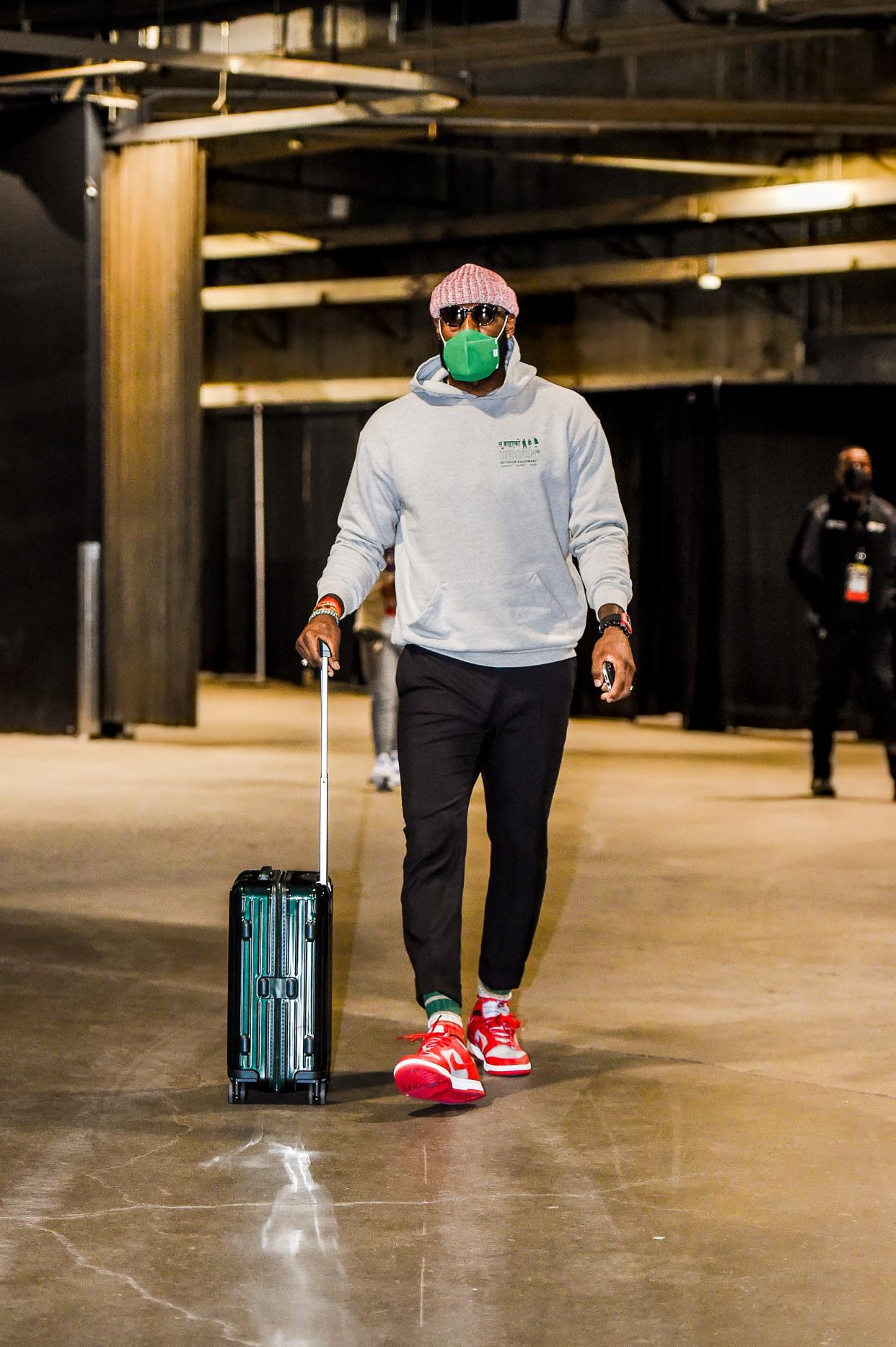 LeBron James arrives for a game in Los Angeles, February 12, 2021.