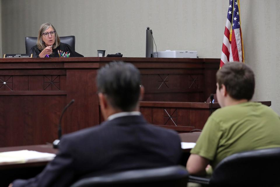 Judge Linda Tucci Teodosio oversees a hearing at Summit County Juvenile Court, Thursday, Aug. 31, 2023, in Akron, Ohio.