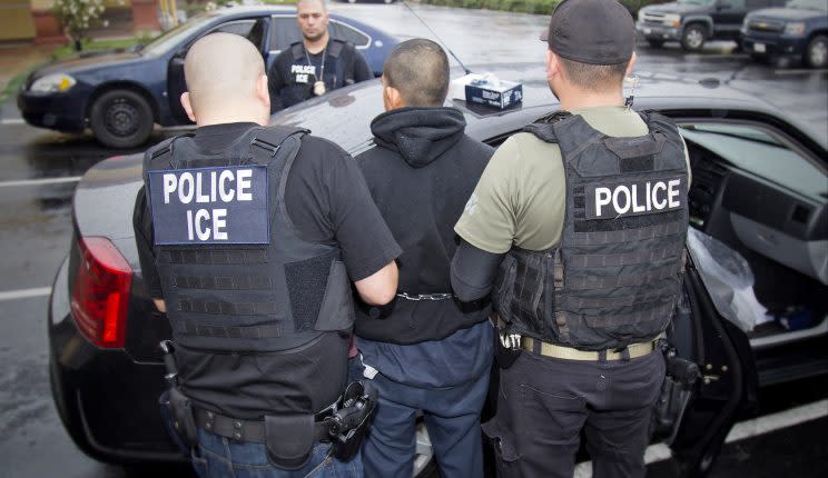A photo released by U.S. Immigration and Customs Enforcement shows foreign nationals being arrested on February 7, 2017 during a targeted enforcement operation conducted by U.S. Immigration and Customs Enforcement (ICE) (Charles Reed/U.S. Immigration and Customs Enforcement via AP)