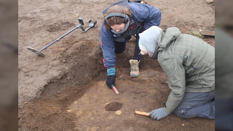 Archaeologists plan to return to the site later this year, hopefully to find more artifacts and the buried remains of buildings that stood there during the Viking Age. Here we see two archaeologists on their knees carefully inspecting a site for buried remains.