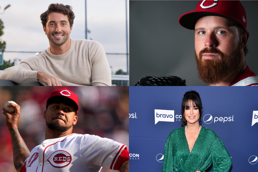 (R-L; top-bottom): Joey Graziadei from "The Bachelor," Reds pitcher Buck Farmer, Reds pitcher Frankie Montas, and Kyle Richards from "The Real Housewives of Beverly Hills."