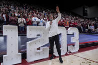 FILE - Stanford head coach Tara VanDerveer waves to the crowd after breaking the college basketball record for wins, 1,203, following her team's win over Oregon State in an NCAA college basketball game, Sunday, Jan. 21, 2024, in Stanford, Calif. VanDerveer, the winningest basketball coach in NCAA history, announced her retirement Tuesday night, April 9, 2024, after 38 seasons leading the Stanford women’s team and 45 years overall. (AP Photo/Godofredo A. Vásquez, File)