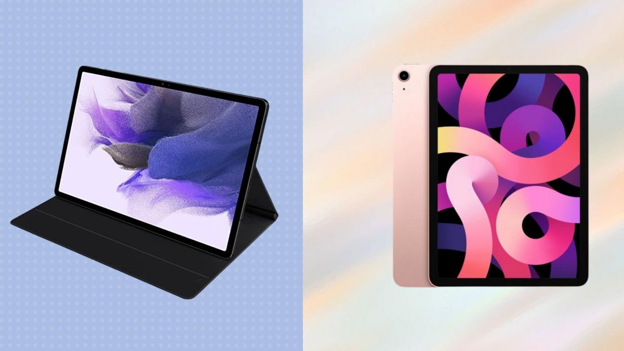 Black tablet and Apple iPad.